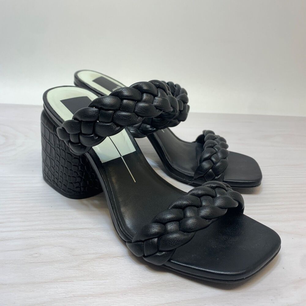 Dolce Vita Womens Block‎ Heel Double Braided Strap Sandals Black Leather Size 7
